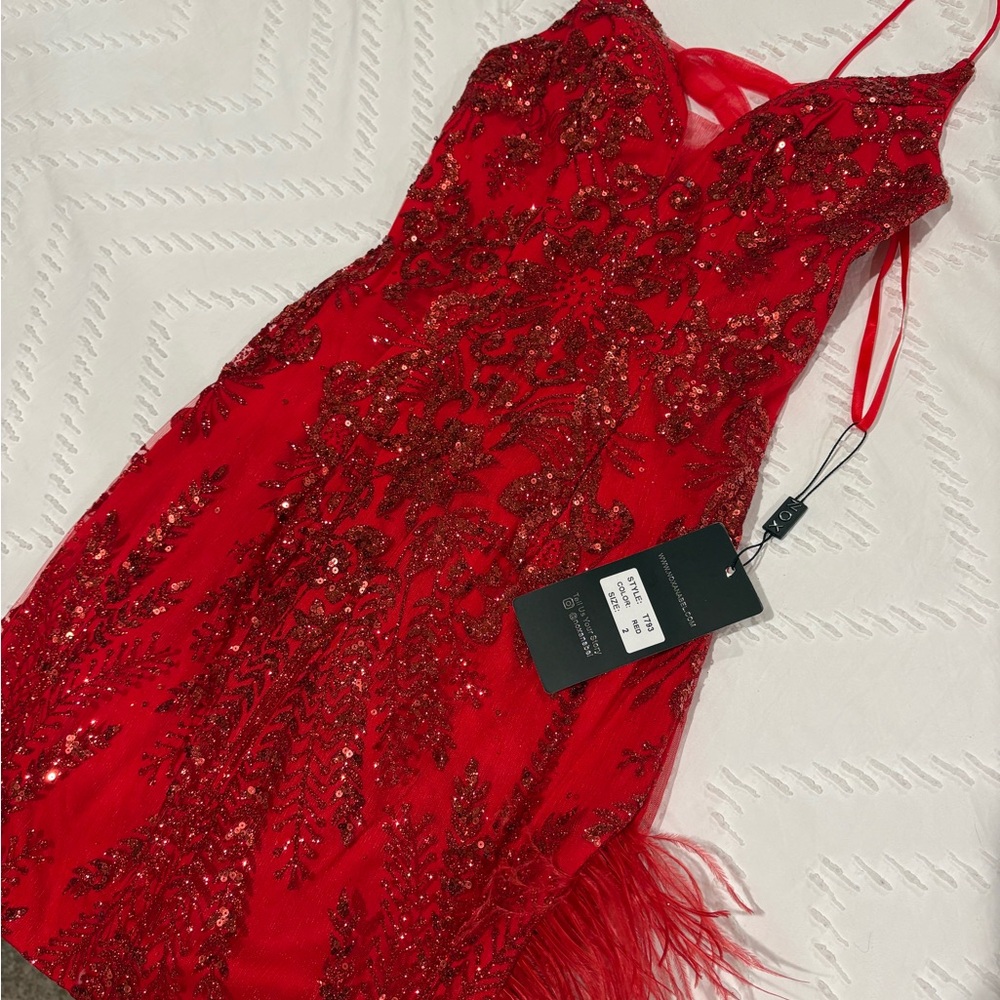Red Beaded Spaghetti-Strap Mini Dress